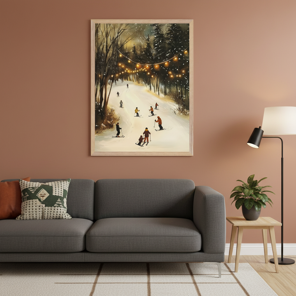 Modern living room with a gray sofa and a wooden side table. A large framed painting of a snowy winter ski slope with skiers and warm string lights hangs centered above the sofa. A black floor lamp stands beside the table.