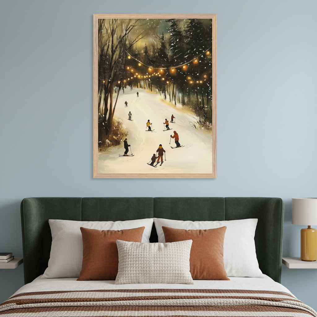 Modern bedroom with a dark green upholstered bed. A framed painting depicting a snowy ski slope at night, with multiple skiers, snow-covered trees, and bright string lights, hangs centered above the bed.