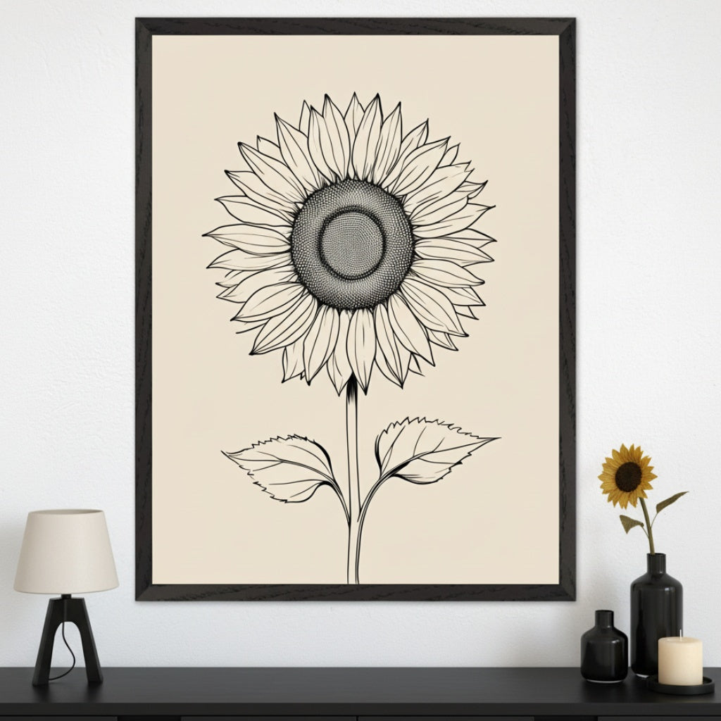 Modern room with a black credenza. A large framed black and white line drawing of a sunflower on a beige background hangs centered above. A table lamp, a small sunflower in a vase, and other decor items are on the credenza.