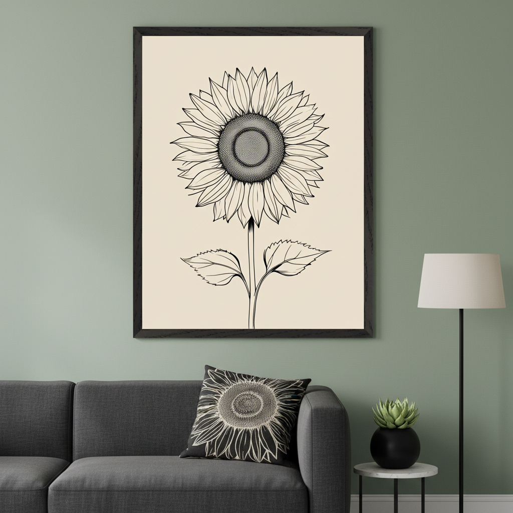 Modern living room with a dark gray sofa. A large black-framed print depicting a black and white line drawing of a sunflower on a light beige background hangs above the sofa. A matching sunflower pillow is on the sofa, with a floor lamp and a succulent on a side table to the right.