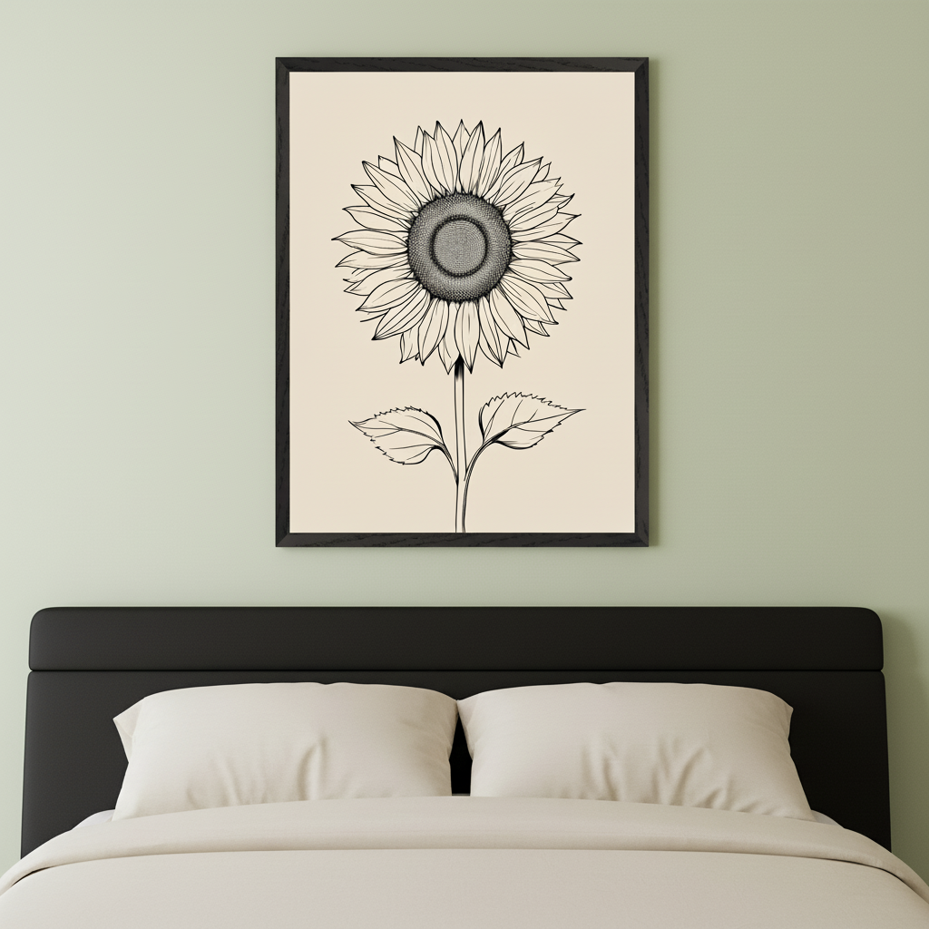 Modern bedroom with a black headboard and white bedding. A large framed black and white line drawing of a sunflower hangs centered above the bed.