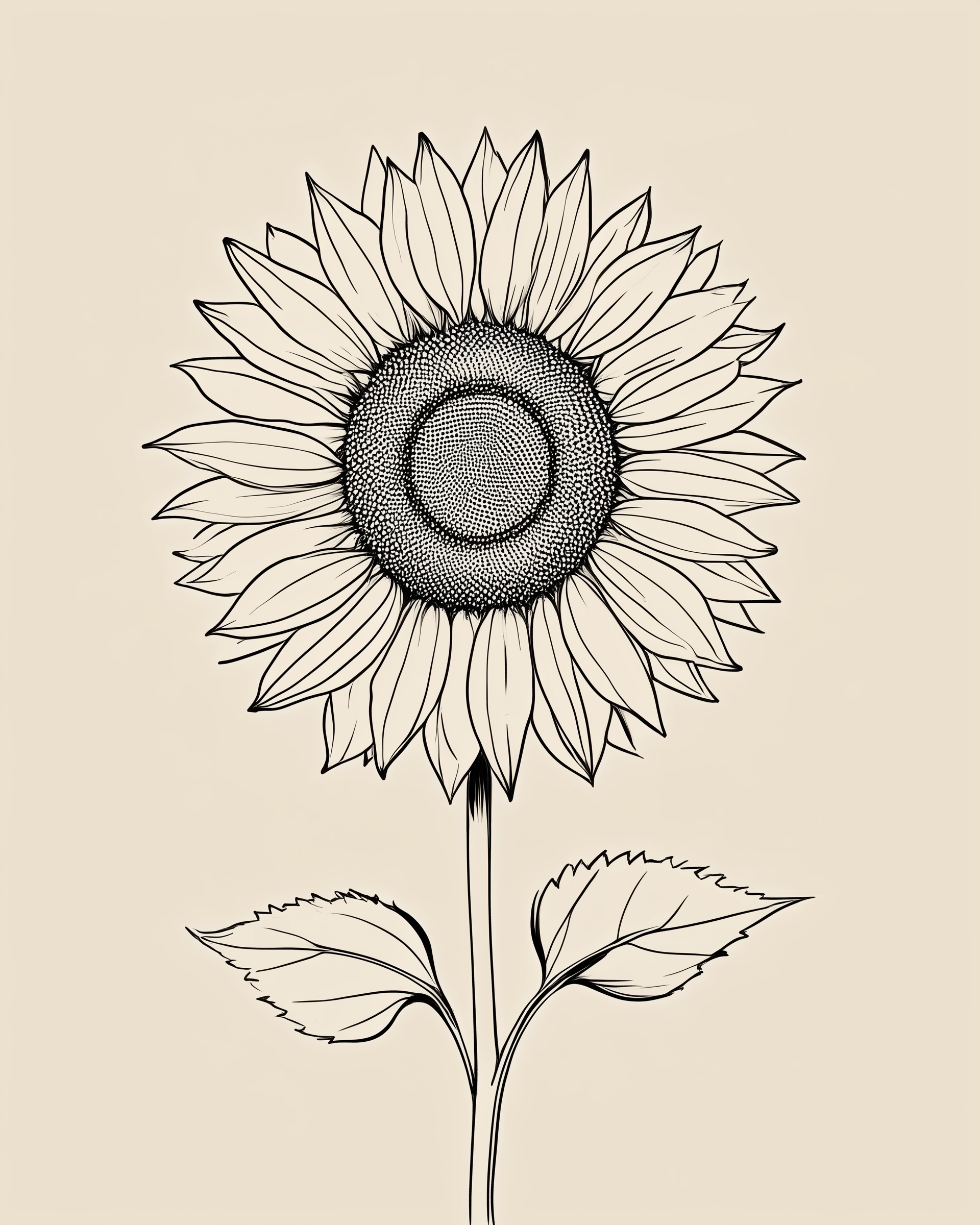 Detailed black ink illustration of a sunflower with layered petals, textured center, and broad leaves, drawn against a beige background.
