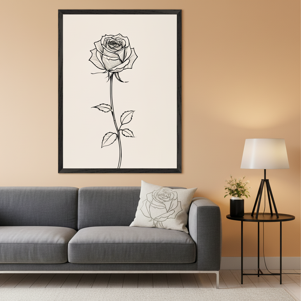 Modern living room with a gray sofa against a peach wall. A large framed black line drawing of a single rose hangs above the sofa. A black side table with a lamp and plant is to the right.