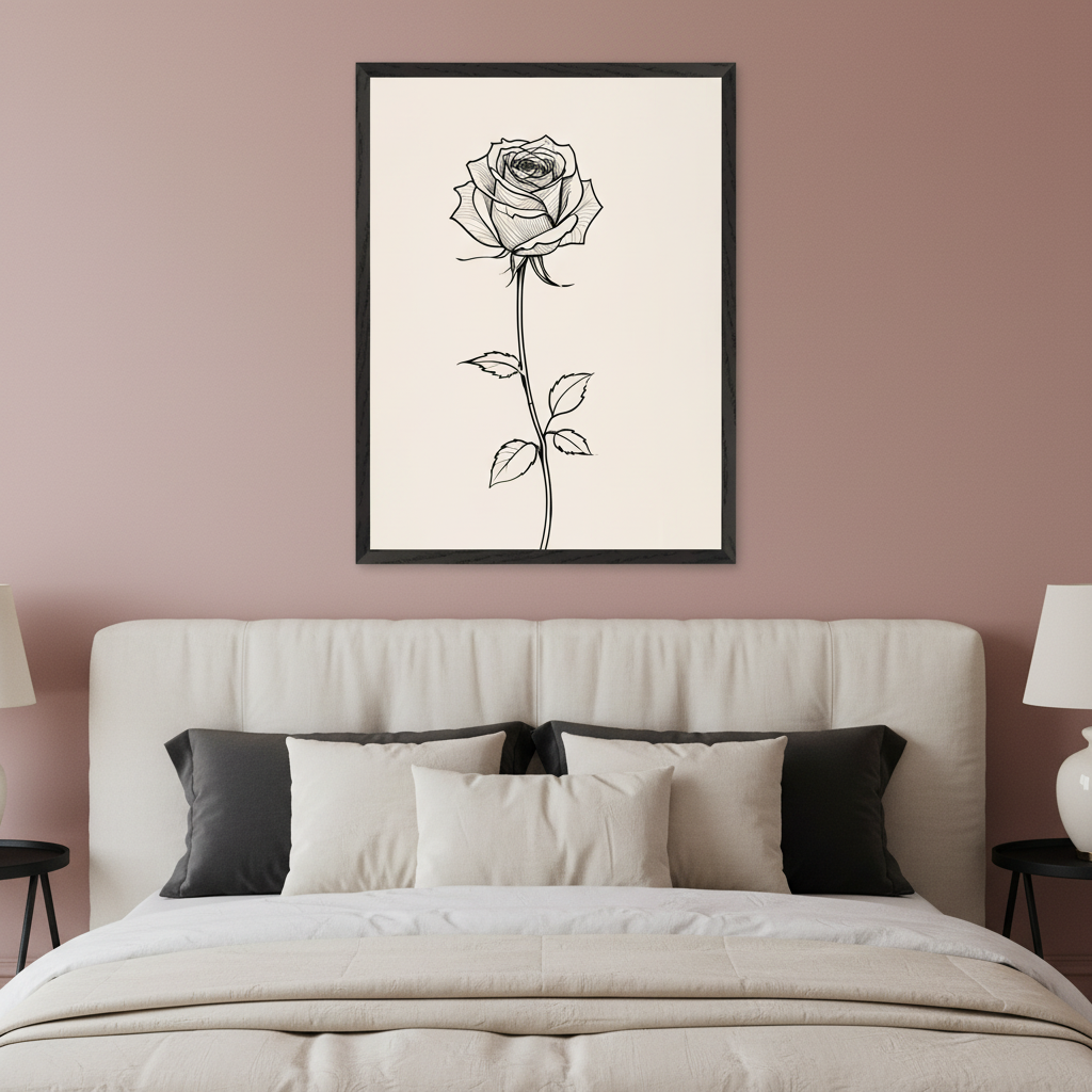 Modern bedroom with a cream upholstered bed against a pink wall. A black-framed print of a black and white line drawing of a single rose hangs centered above the bed.