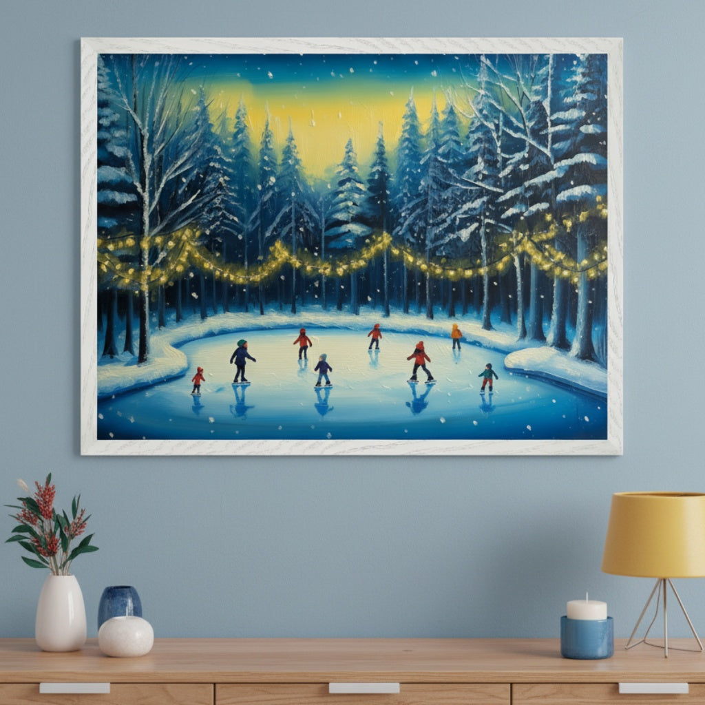 Modern room with a wooden dresser. A large white-framed oil painting of ice skaters in a snowy forest at dusk with string lights hangs centered above the dresser on a light blue wall.