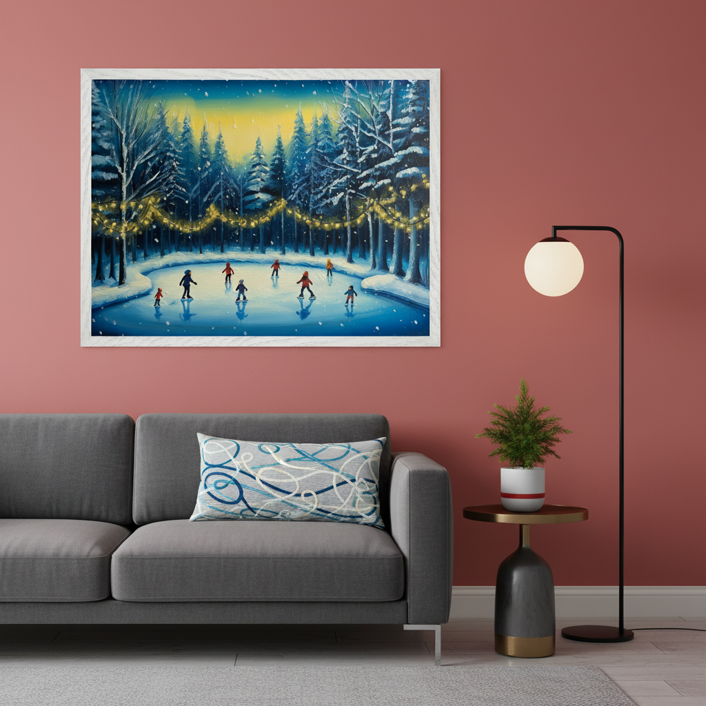 Modern living room with a gray sectional sofa. A large framed painting of a stylized winter ice skating scene hangs above the sofa. It depicts skaters on a pond amidst snow-covered pine trees with string lights, under a twilight sky.