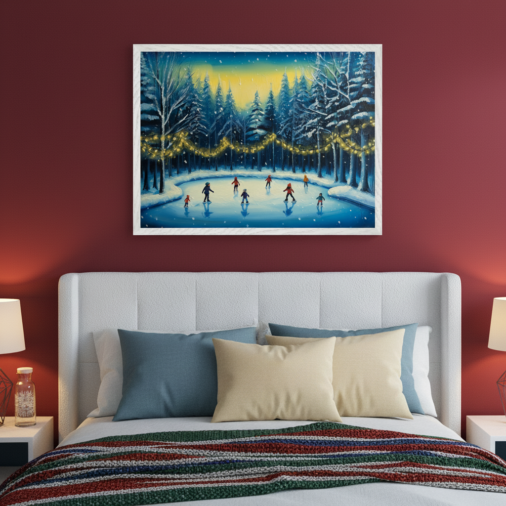 Modern bedroom with a white upholstered bed. A large framed oil painting of a snowy winter forest scene with a frozen pond, string lights, and multiple figures ice skating hangs centered above the headboard.