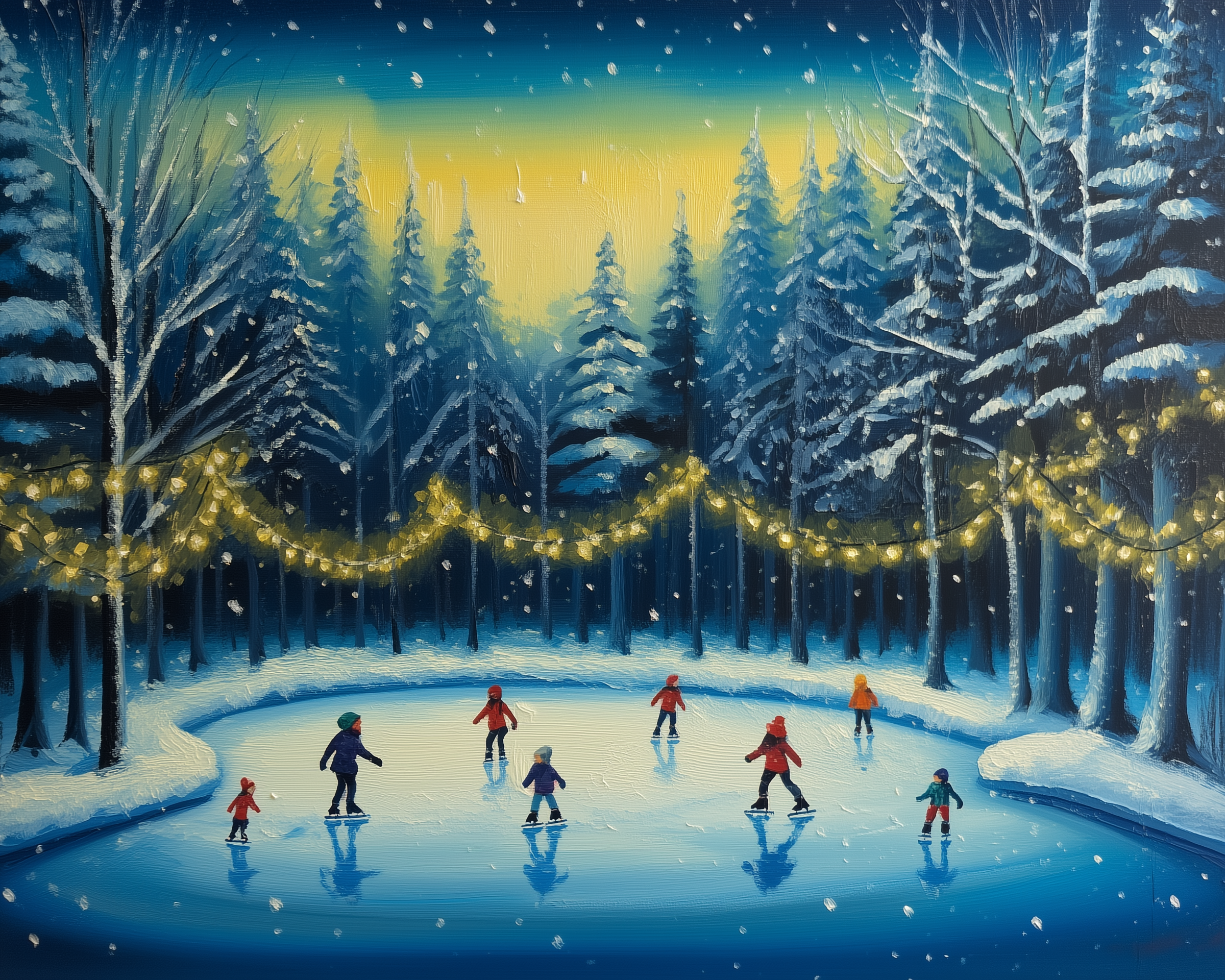 Winter painting of people ice skating on a frozen pond surrounded by snow-covered trees and twinkling string lights, under a twilight sky with falling snow.
