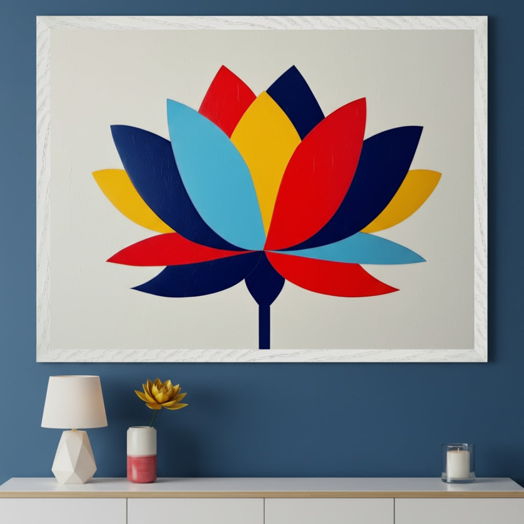 Modern living room with a white cabinet against a blue wall. A large framed print of a stylized lotus flower with red, yellow, dark blue, and light blue petals hangs centered above the cabinet.
