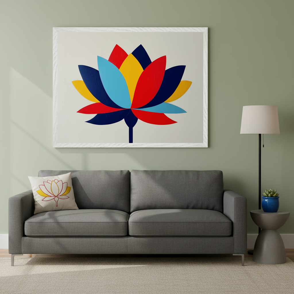 Modern living room with a gray sofa. A large framed colorful geometric lotus flower art hangs above the sofa. A floor lamp, side table with a plant, and a lotus-embroidered cushion are also visible.