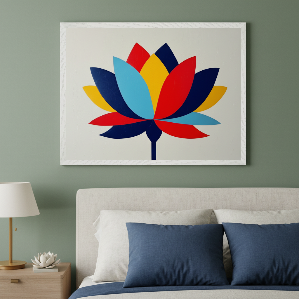 Modern bedroom with a sage green wall. A large framed print of a colorful, geometric lotus flower hangs above a bed with an upholstered headboard. A nightstand with a lamp and a white lotus sculpture is on the left.