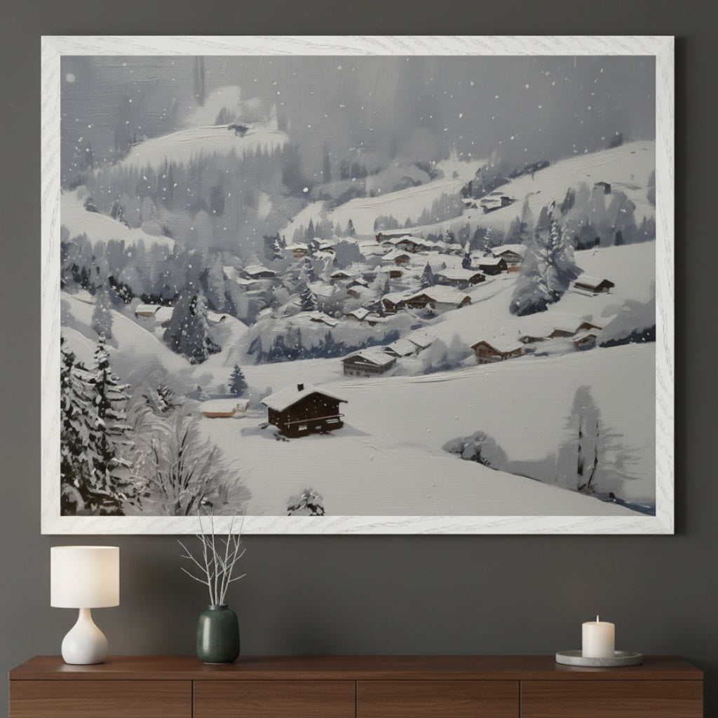 Modern living room with a dark wooden dresser. A large framed painting depicting a snowy mountain village with individual houses and pine trees under falling snow hangs centered above the dresser.