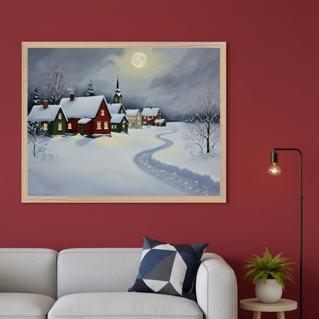Modern living room with a red wall. A large framed painting of a moonlit snowy village with houses, a church, and a winding path hangs above a gray sofa. A geometric pillow, a floor lamp, and a potted plant are also visible.
