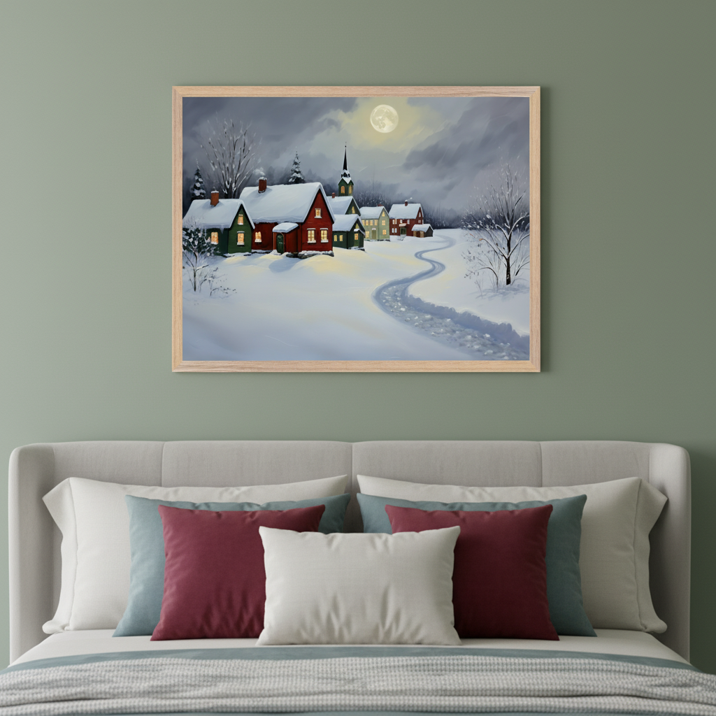 Modern bedroom with a gray upholstered bed. A framed painting of a snowy village scene at night under a full moon hangs centered above the bed. The painting depicts snow-covered houses with glowing windows, a church, and a winding path in the snow.