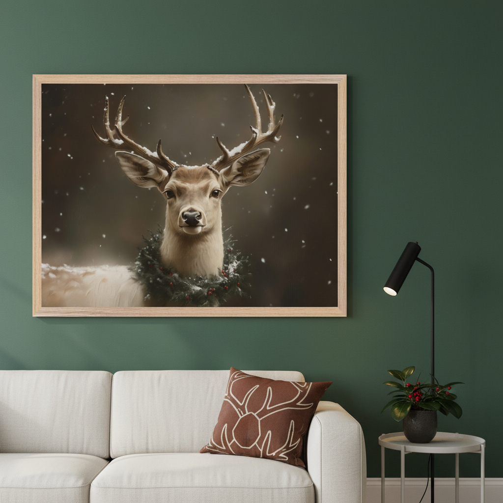 Modern living room with a white sofa. A large framed print of a white deer wearing a Christmas wreath in a snowy forest hangs above the sofa.
