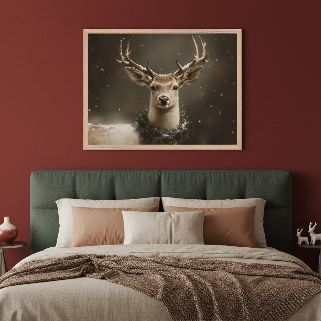 Modern bedroom with a green upholstered bed. A large, light wood-framed artwork hangs centered above the headboard, depicting a white deer with antlers wearing a Christmas wreath in a snowy, dark setting.