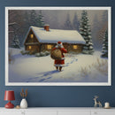 Modern room with a white console table against a dark blue wall. A large framed painting of Santa Claus walking towards a snow-covered log cabin in a snowy winter scene with pine trees hangs centered above the table.