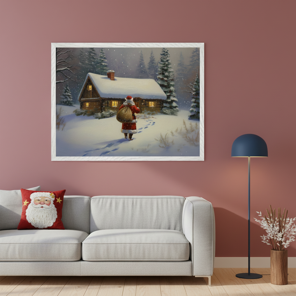 Living room with a grey sectional sofa and a dark blue floor lamp. Above the sofa hangs a large framed painting depicting Santa Claus with a sack walking towards a snow-covered wooden cabin in a winter forest. A Santa-themed throw pillow sits on the sofa.