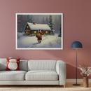 Living room with a grey sectional sofa and a dark blue floor lamp. Above the sofa hangs a large framed painting depicting Santa Claus with a sack walking towards a snow-covered wooden cabin in a winter forest. A Santa-themed throw pillow sits on the sofa.