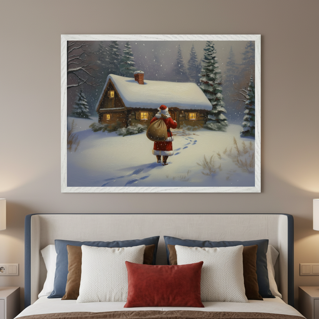 Modern bedroom with a bed and headboard. A large framed painting of Santa Claus carrying a sack, walking in snow towards a lit log cabin in a snowy forest with falling snow, hangs centered above the bed.