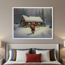 Modern bedroom with a bed and headboard. A large framed painting of Santa Claus carrying a sack, walking in snow towards a lit log cabin in a snowy forest with falling snow, hangs centered above the bed.