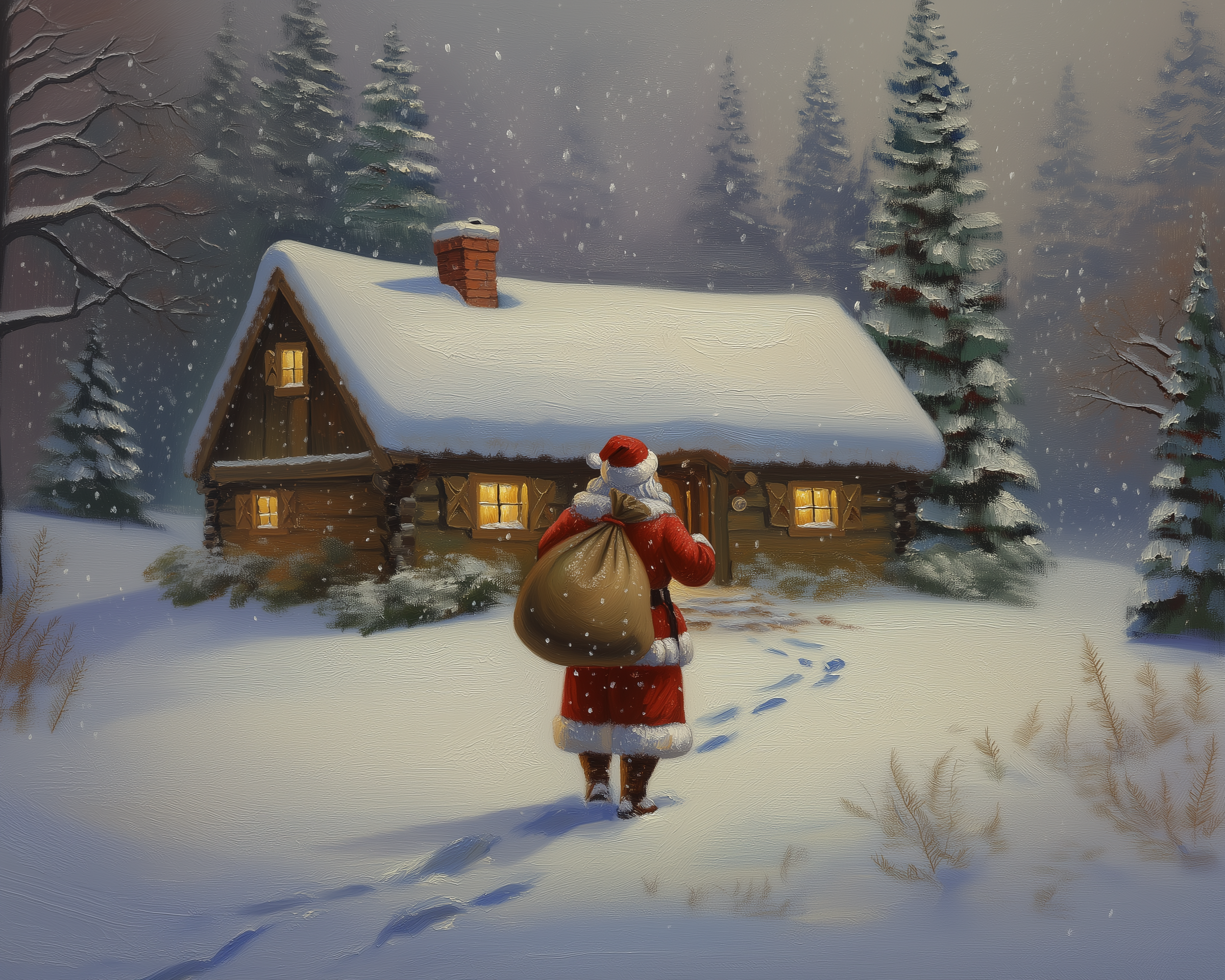 Whimsical painting of Santa Claus holding a large sack, standing outside a warmly lit log cabin in the snow with tall trees and soft flakes falling around him.
