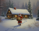 Whimsical painting of Santa Claus holding a large sack, standing outside a warmly lit log cabin in the snow with tall trees and soft flakes falling around him.
