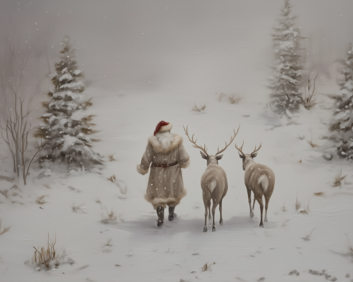 Peaceful winter scene of Santa in a fur-lined coat walking through a snowy field with two reindeer, surrounded by snow-covered trees and mist.

