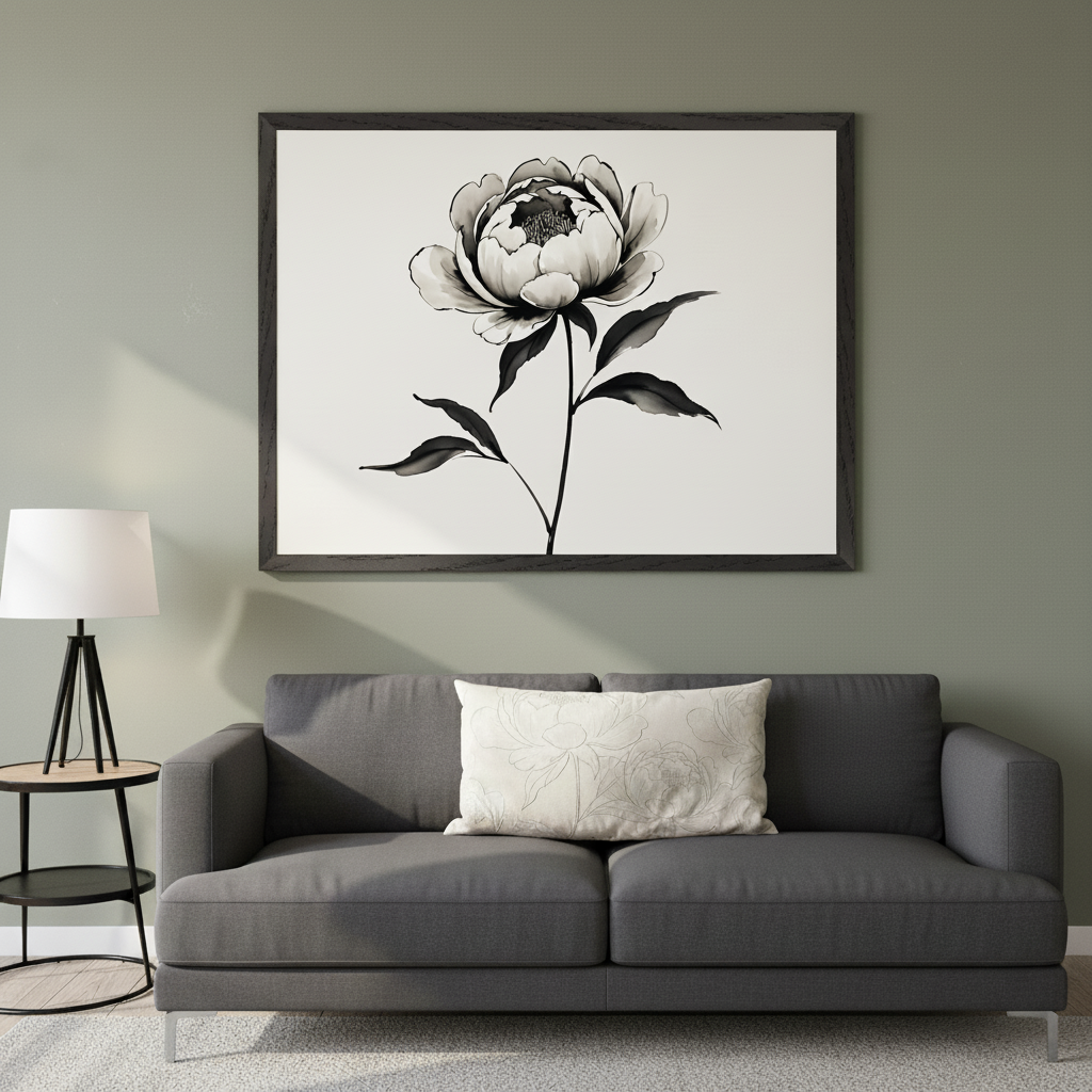 Muted green living room with a dark gray sofa. A large framed black and white peony illustration hangs centered above the sofa. A black side table and white lamp are to the left.