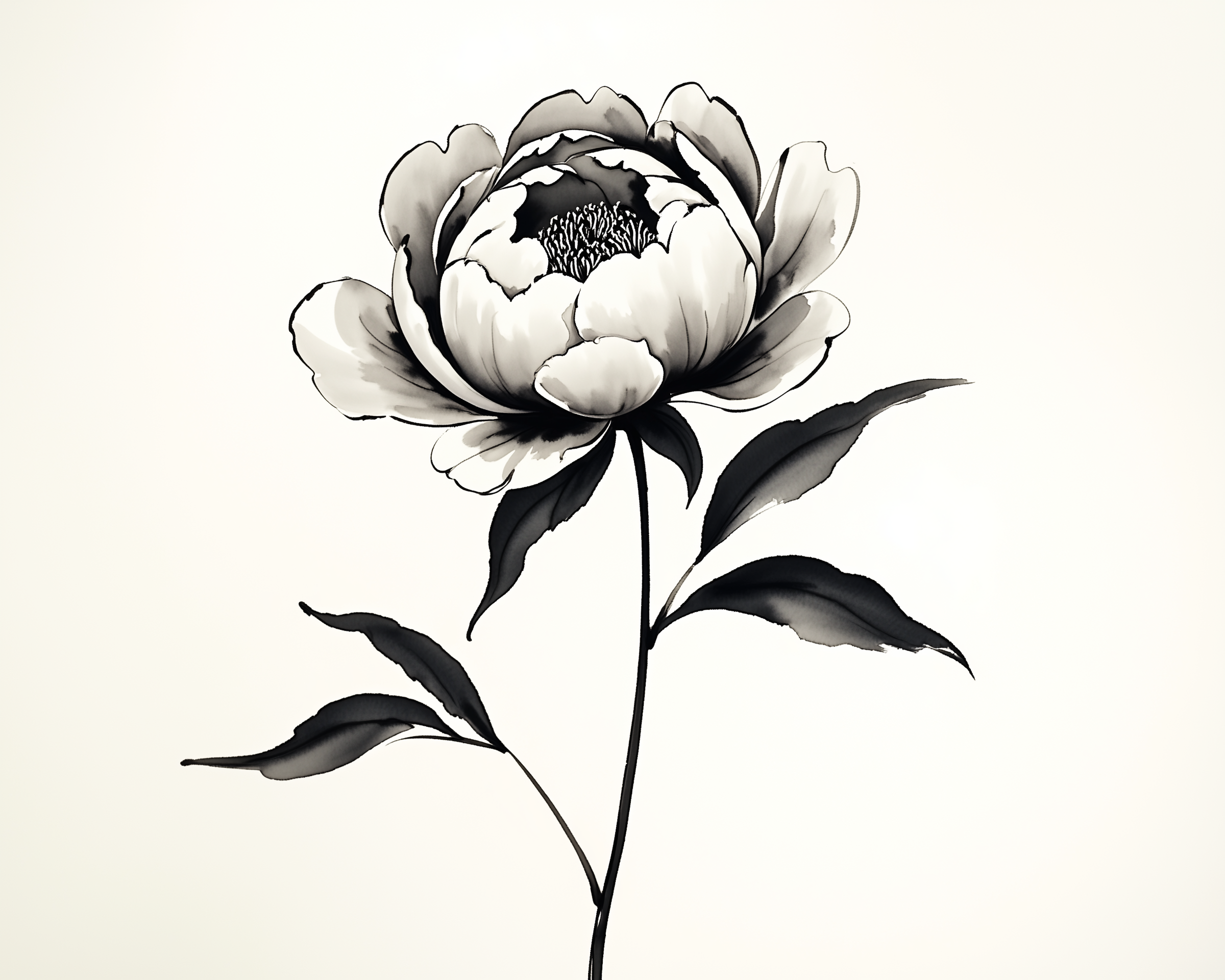 Elegant black and white drawing of a single blooming peony with softly shaded petals and slender leaves on a light background.
