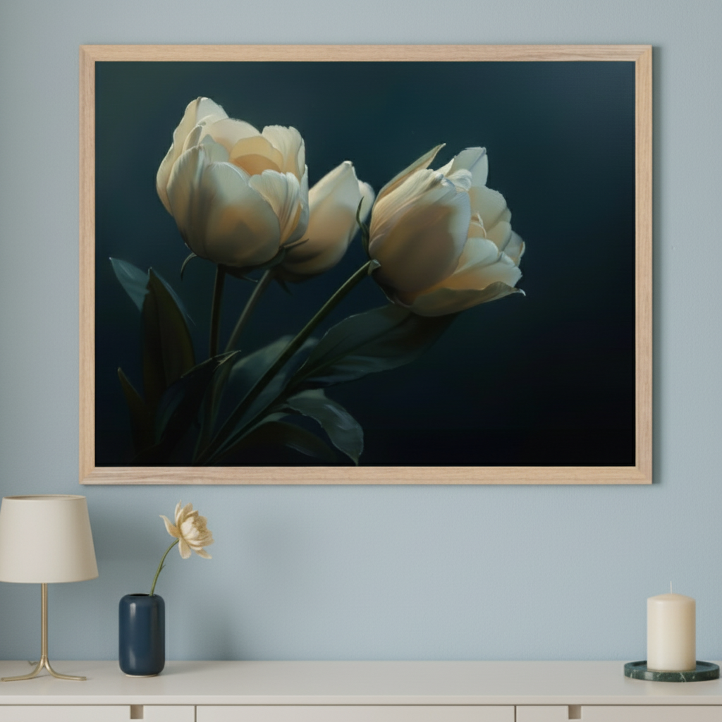 Modern room with a white dresser against a light blue wall. A large wooden-framed painting of three light-colored peonies on a dark background hangs centered above the dresser.