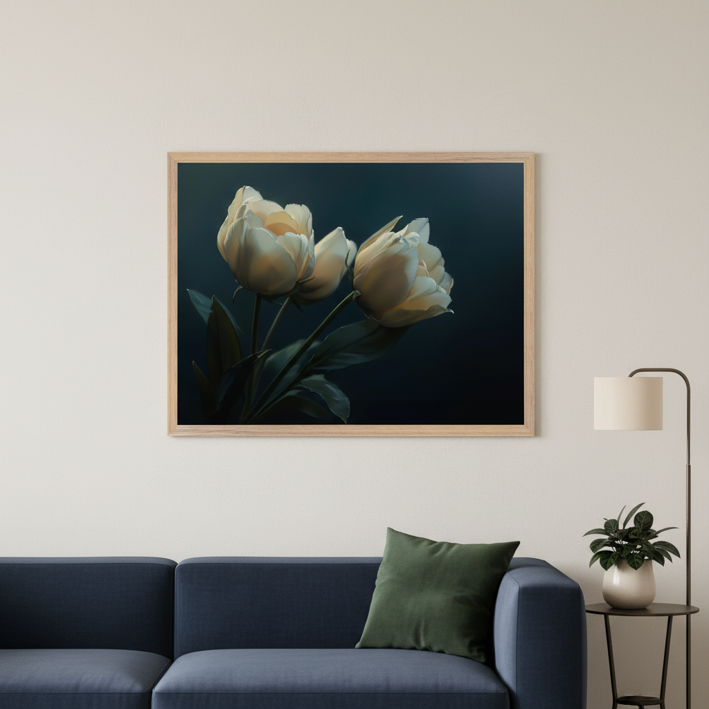 Living room with a dark blue sectional sofa. A light wood-framed print of three cream tulips on a dark background hangs centered above the sofa. A floor lamp and potted plant are to the right.