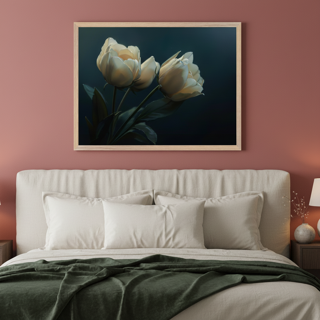 Bedroom with a cream upholstered bed against a reddish-brown wall. A framed print of three light-colored tulips against a dark background hangs centered above the headboard.