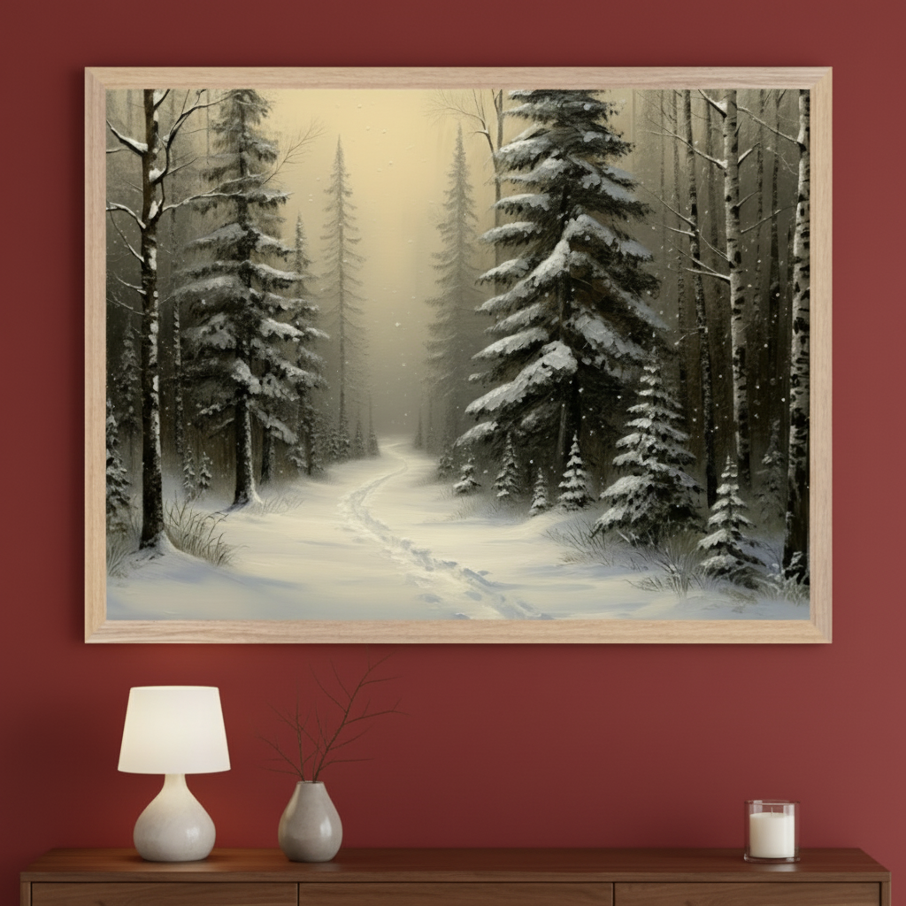 Living room with a dark wooden credenza against a red wall. A large framed painting of a snowy forest with a winding path, footprints, and pine trees hangs above the credenza. A lamp, vase with branches, and candle are on the credenza.