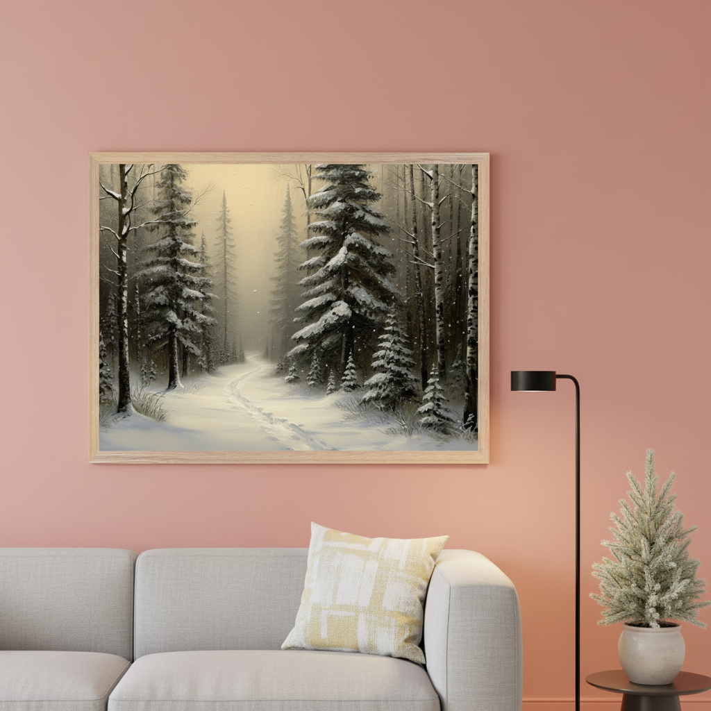 Living room with a grey sectional sofa. Centered above the sofa, a large framed painting depicts a snowy winter forest scene with a path winding through snow-covered pine trees. A black floor lamp and a small potted tree are to the right.