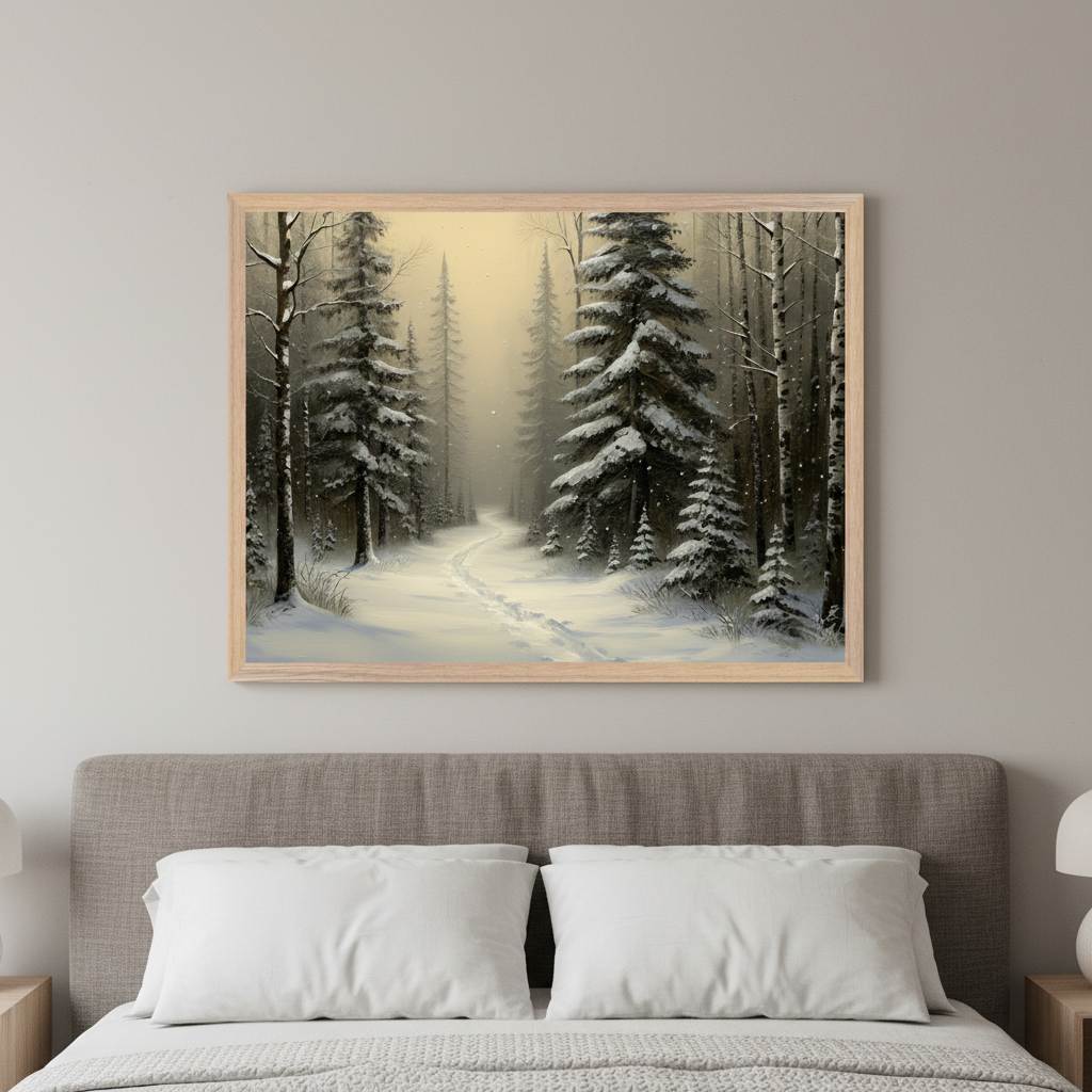Modern bedroom with a gray upholstered bed and white pillows. A framed painting of a snowy winter forest with a path and pine trees hangs centered above the bed.