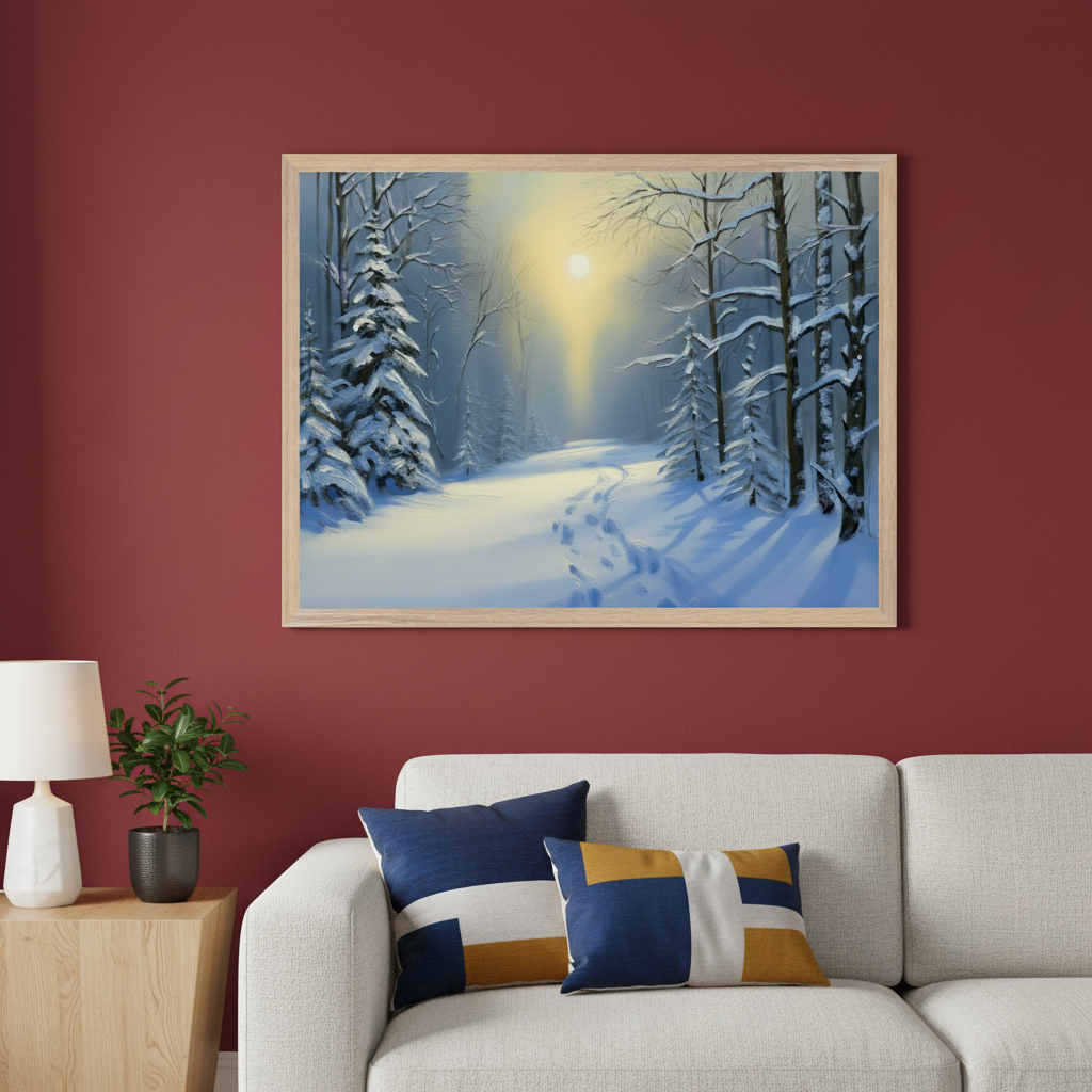 Modern living room with a light sofa and end table. A large framed painting of a snowy winter forest with a winding path and footprints under a hazy sun hangs on a red wall centered above the sofa.