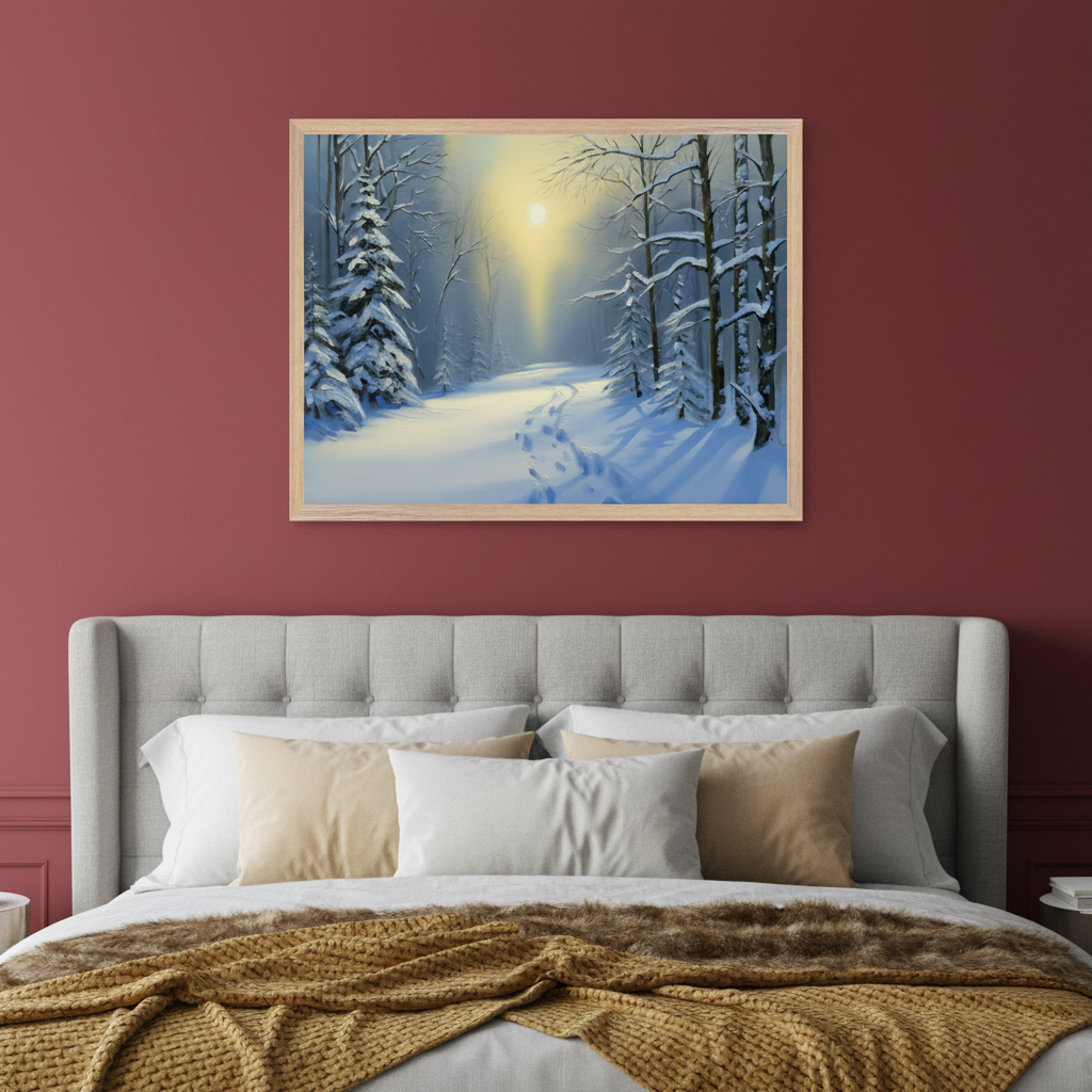 Bedroom with maroon walls and a grey tufted bed. A framed painting of a winter forest landscape with snow-covered trees, a snowy path, and a glowing sun hangs centered above the bed.