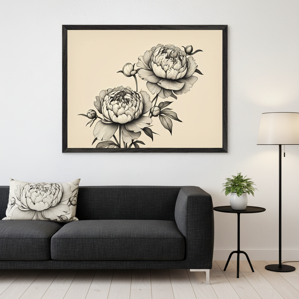 Modern living room with a dark gray sofa. A large framed print of two black and white peonies on a beige background, drawn in a detailed line art style, hangs centered above the sofa.