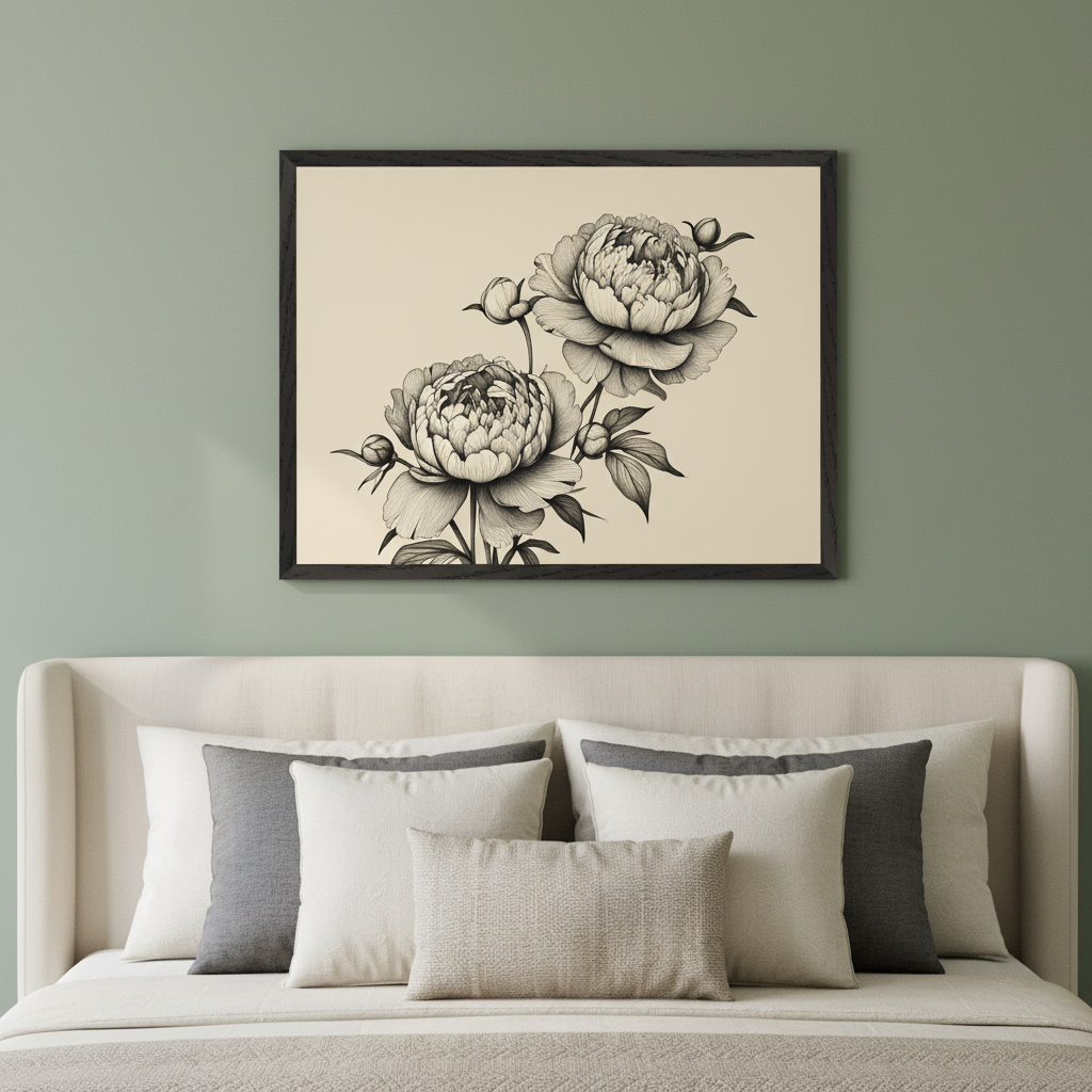 Modern bedroom with a cream upholstered bed. A dark-framed black and white line art drawing of two peonies with buds on a light background hangs above the bed.
