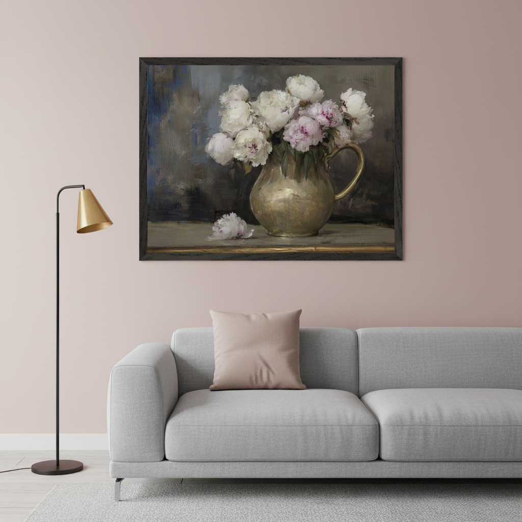Modern living room with a light gray sofa and a light pink throw pillow. A black floor lamp with a gold shade stands to the left. A framed still life painting of white and pink peonies in a gold pitcher hangs centered above the sofa. The painting has a dark, textured background.