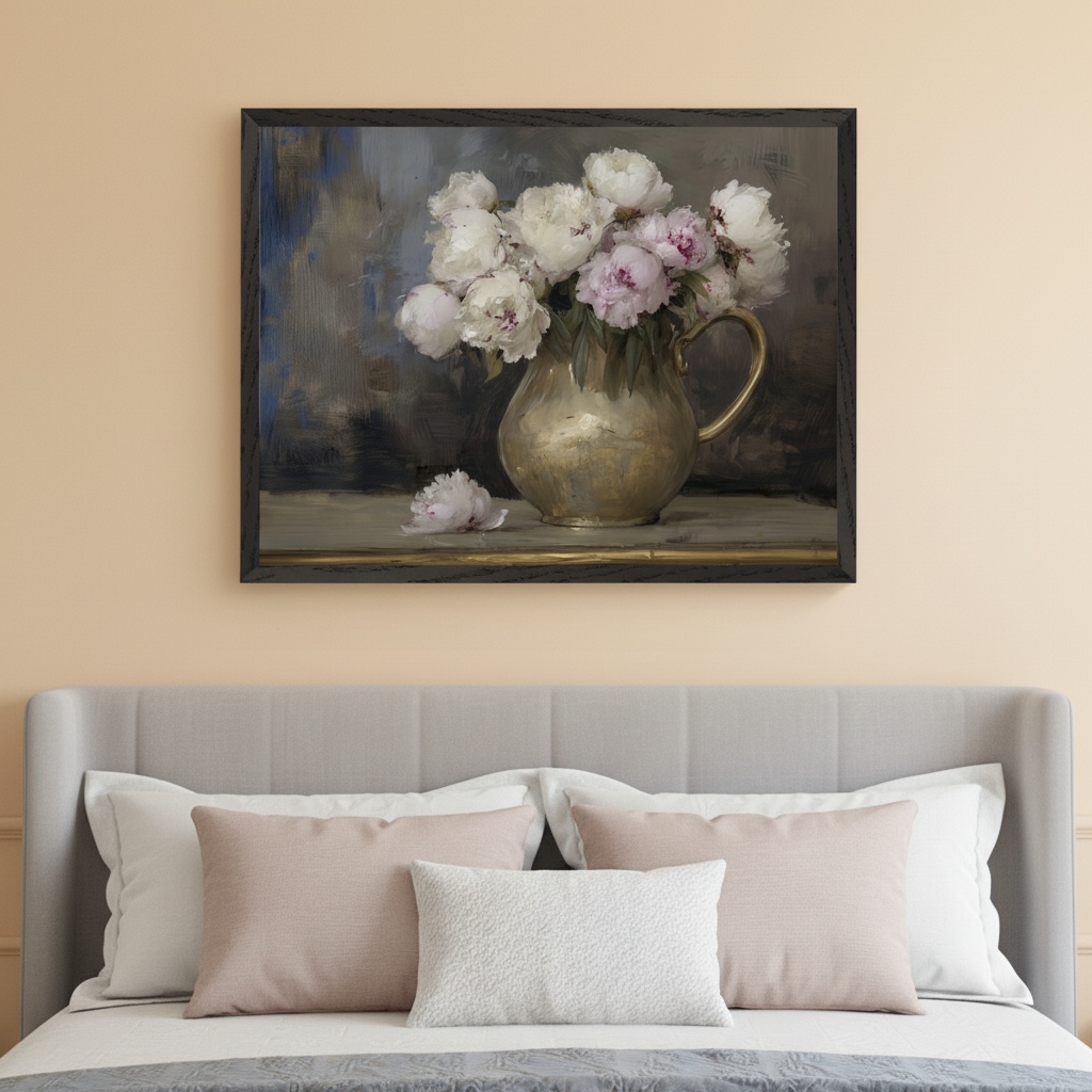 Bedroom with a grey upholstered bed. A framed still life painting of white and pink peonies in a gold pitcher hangs centered above the bed. Realistic style.