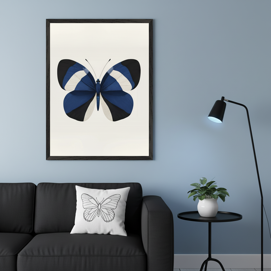 Modern living room with a dark gray sofa. A large framed print of a blue, black, and white butterfly hangs on a light blue wall above the sofa. A white throw pillow with a black outline of a butterfly is on the sofa. A black floor lamp stands to the right, next to a black side table with a potted plant.