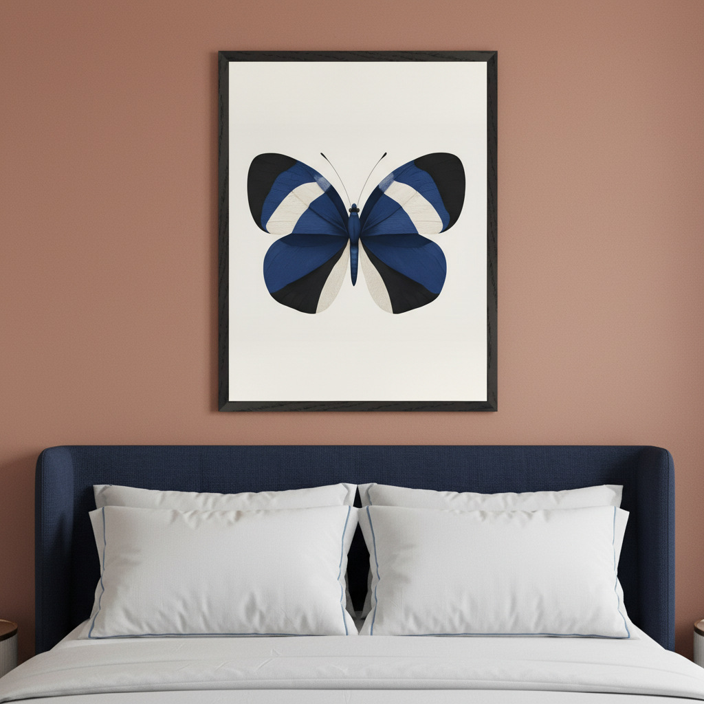 Modern bedroom with a dark blue upholstered bed and white bedding. A framed print of a butterfly with geometric navy blue, black, and white wings hangs centered above the bed against a terracotta wall.