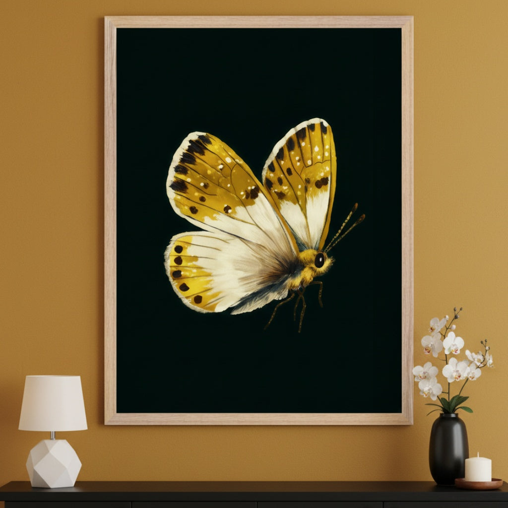 Modern room with a dark dresser. A light wood-framed print of a realistic yellow and white butterfly on a black background hangs centered above the dresser. A white lamp and orchids are on the dresser.