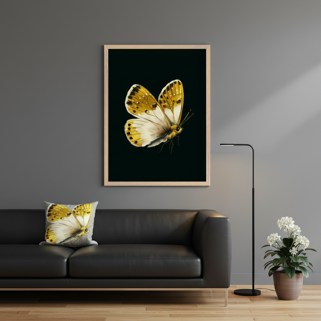 Modern living room with a black leather sofa. A large framed print with a light wooden frame shows a realistic white and yellow butterfly on a black background, hanging above the sofa. A matching butterfly pillow rests on the sofa. A floor lamp and a potted plant with white flowers are to the right.