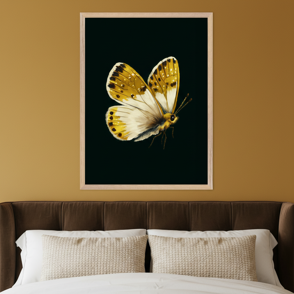 Modern bedroom with a bed featuring a dark brown upholstered headboard. A large framed painting of a yellow and white butterfly with black spots on a black background hangs centered above the bed.