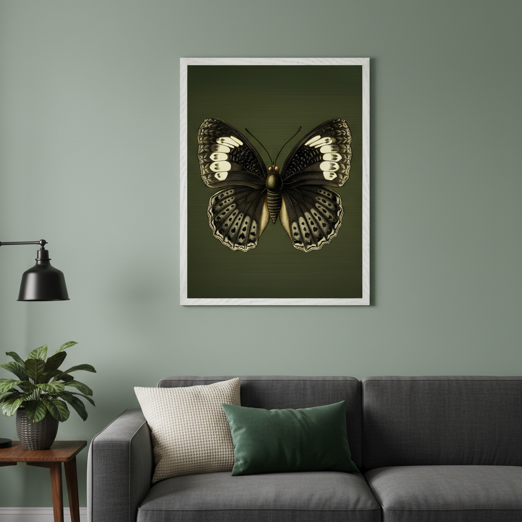 Modern living room with a dark gray sofa. A framed print of a vintage-style dark butterfly illustration with white and gold accents on a dark green background hangs above the sofa.
