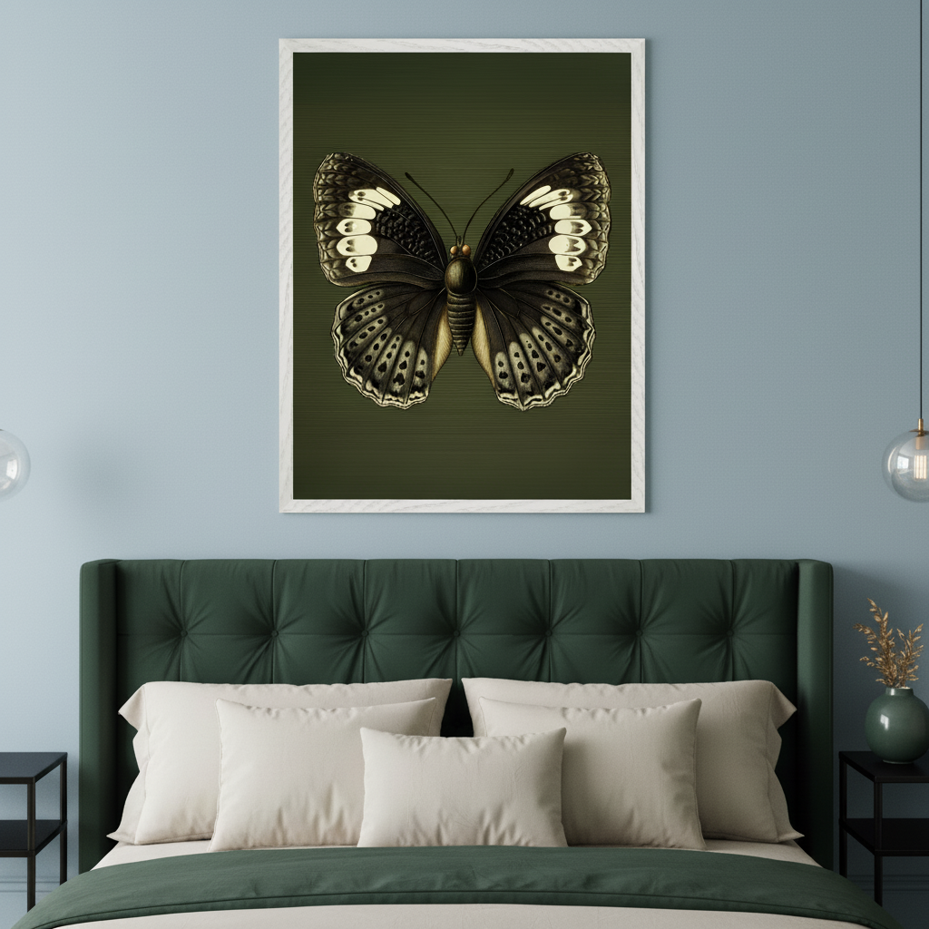 Modern bedroom with a dark green upholstered bed. A large framed print of a realistic dark butterfly with white and gold accents on a dark green background hangs centered above the bed.