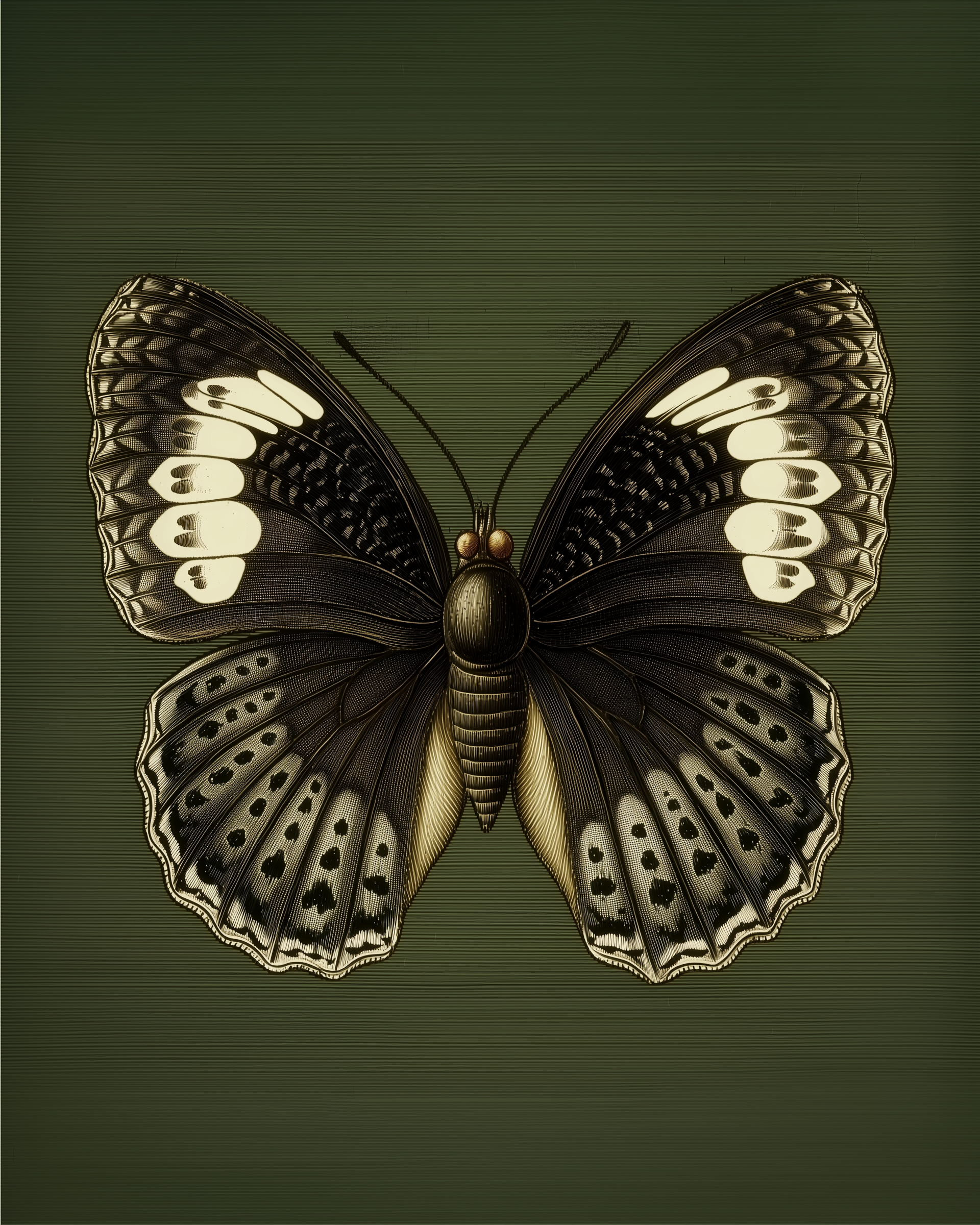 A vintage-style illustration of a butterfly with patterned black and cream wings, marked by symmetrical rows of spots and an olive-green background.
